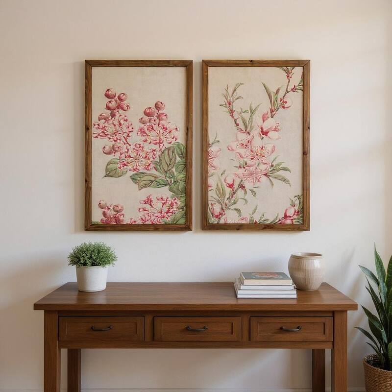 HomeRoots Set of Two Pink And Green Flower Floral Wood Framed Art - Green/Pink - 18.50 in. x 27.95 in.  x 2.95 in.