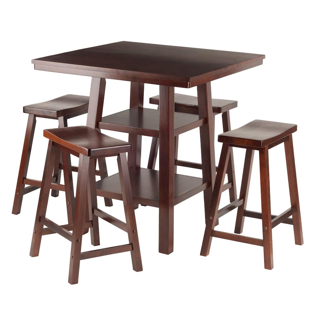 5 Orlo Solid Wood 2 Shelves High Table with 4 Saddle Seat Stools 36"