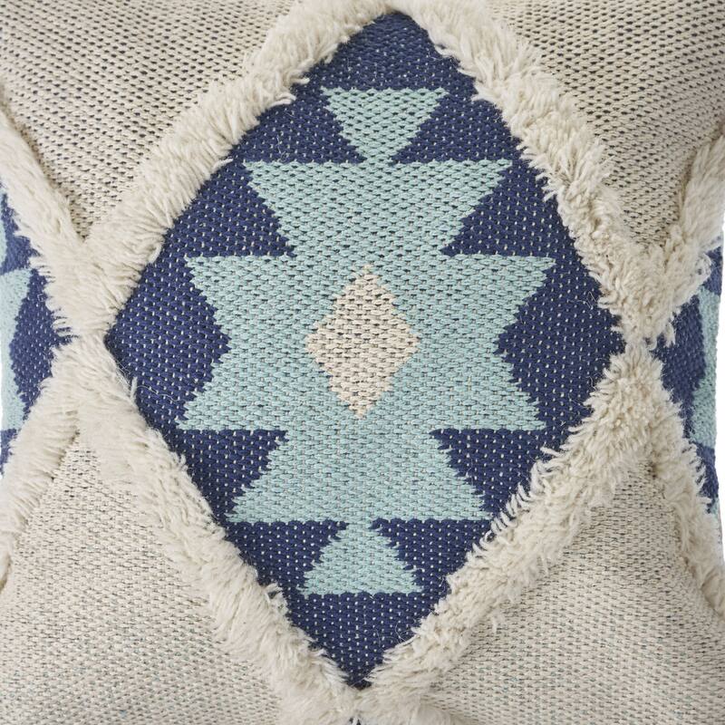 HomeRoots 20" X 20" Blue And Cream 100% Cotton Geometric Zippered Pillow