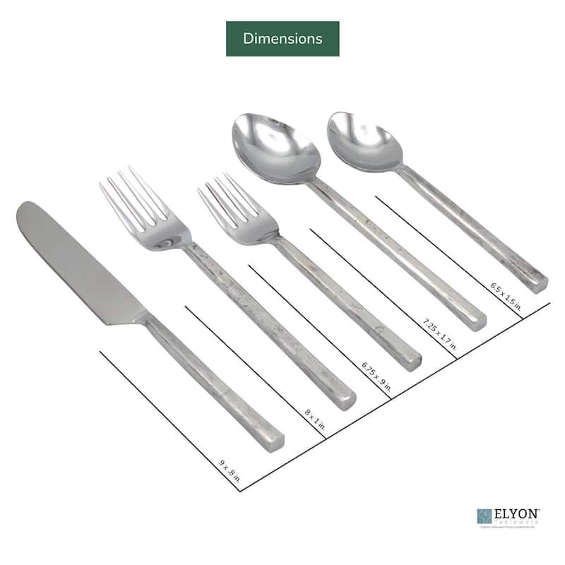 Elyon Rutland Reflective Silver 20 Piece Flatware Set Indian Artisan-Made Set Hand-Forged Stainless Steel Service for 4