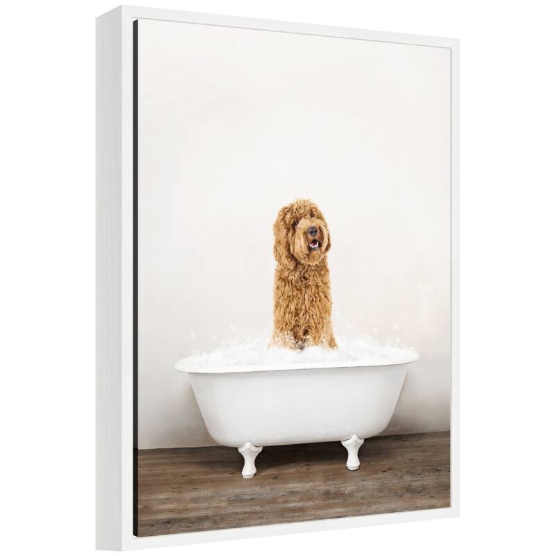 Kate and Laurel Sylvie Golden Labradoodle in Rustic Bath Style Framed Canvas by Amy Peterson - 18x24
