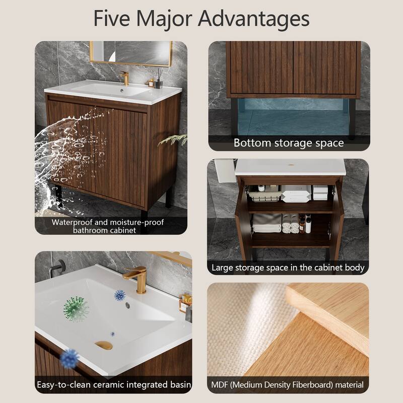 30 Inch Bathroom Vanity with Sink, Floor Standing Cabinet with Soft-Close Drawers and Modern Storage Design