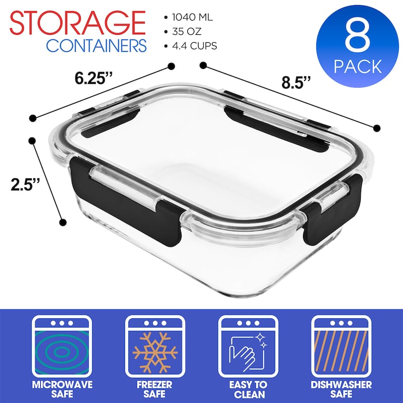 Sorbus Glass Meal Prep Containers with Airtight Lids - 8 Pack Rectangle - 8.5 x 6.25 x 2.5 in
