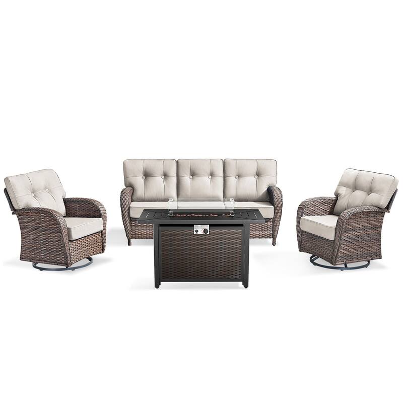 Pocassy Outdoor 43 In Fire Table with Sofa Patio Swivel Chair Set