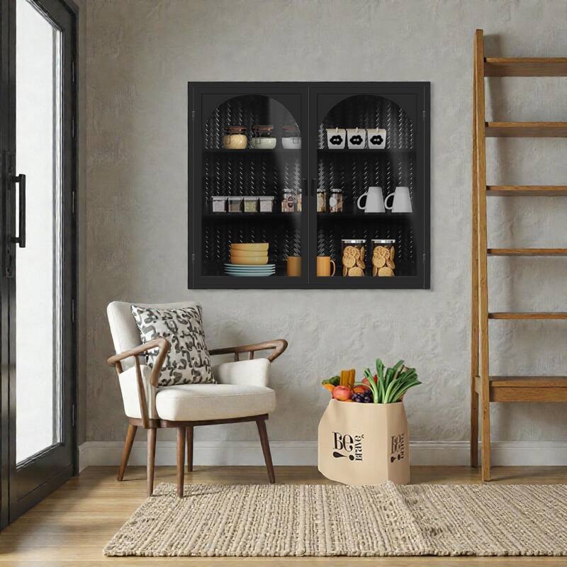 27.56" Modern Glass Door Wall Cabinet with Woven Pattern, 3-Tier Storage Iron and Tempered Glass Cabinet