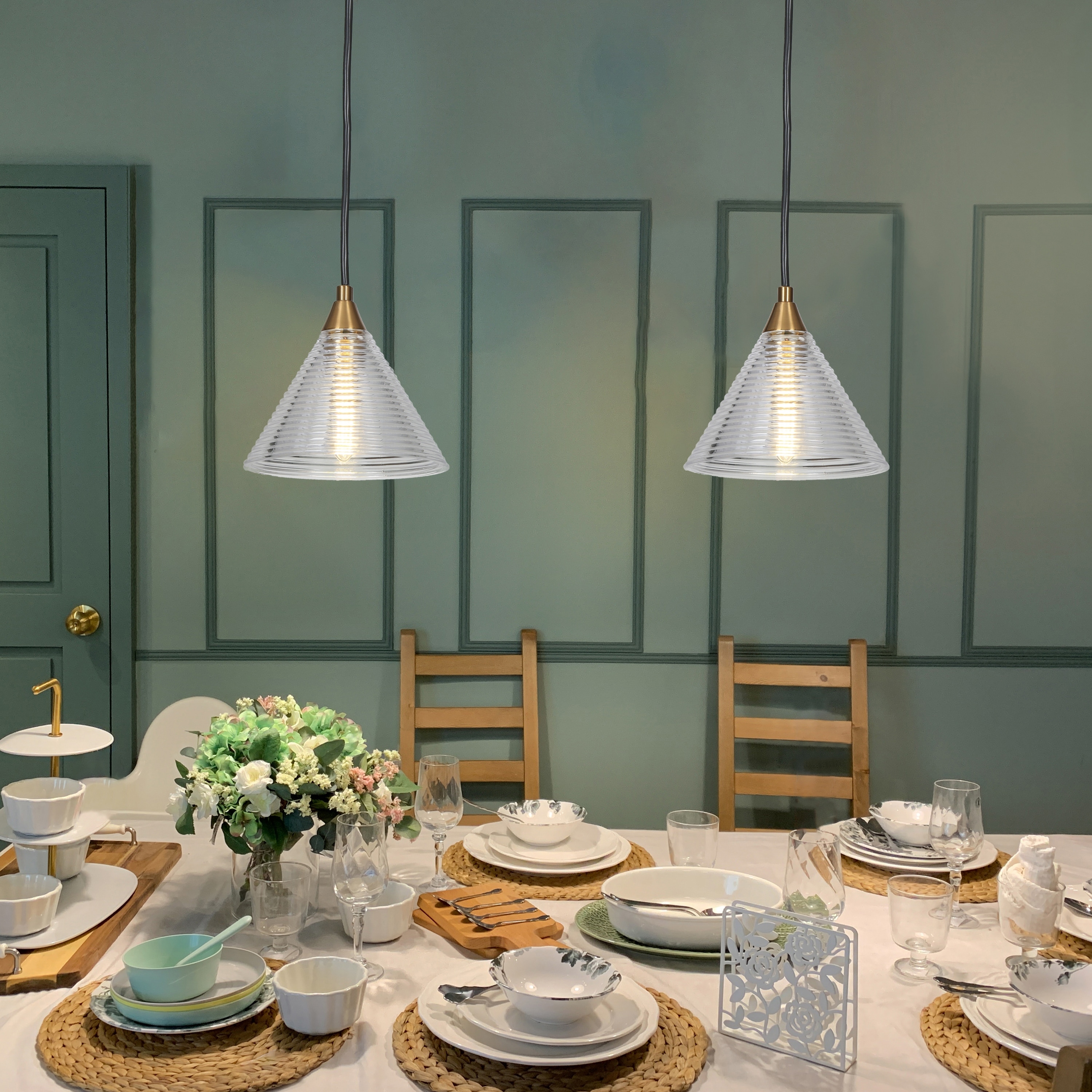 Yarge Modern Mini Pendant Lights with Chic Cone Fluted Glass for Kitchen Island Brass Clear D 7 x H 66.8