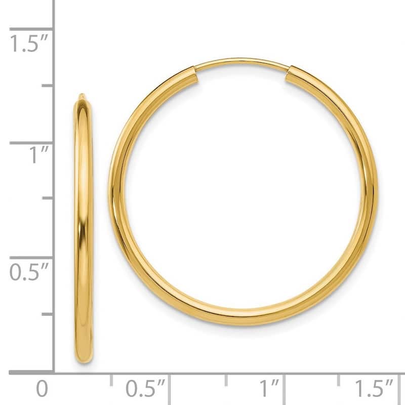 Curata 14k Yellow Gold tube 2x26mm Polished Round Endless Hoop Earrings