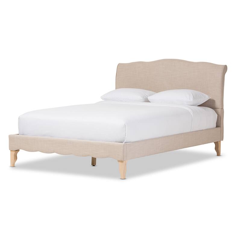 French Platform Bed - Linen Fabric Bed Frame, Solid Rubberwood Construction, Beige Bedroom Furniture