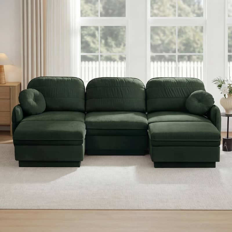 105" Chenille Sectional Sofa with 2 Round Pillows and 2 Movable Ottomans