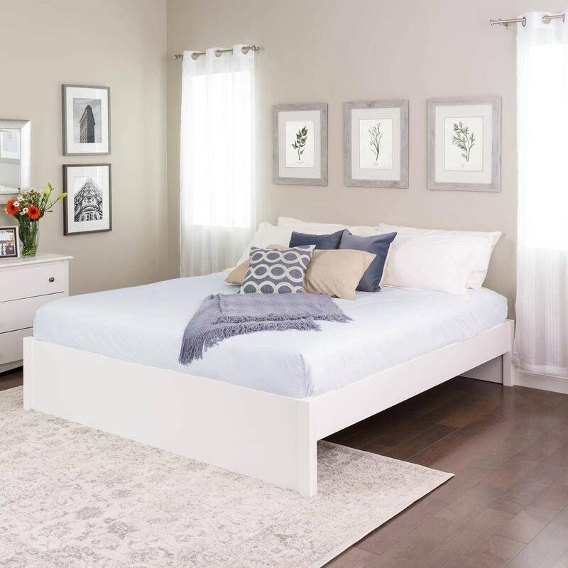 King Size White Wooden Platform Bed Frame Raised Slat System, No Box Spring Needed