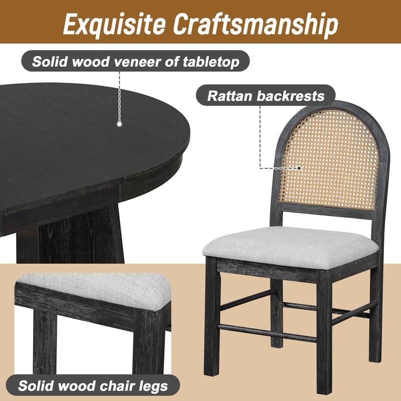 5 Piece Round Extendable Dining Table Set with 4 Upholstered Chairs