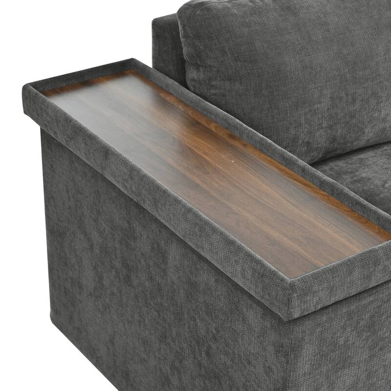 91.5" Polyester L-Shaped Sectional Sofa with Pull-Out Bed, Hidden Storage and Wide Storage Armrests