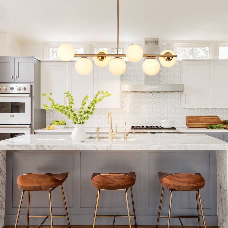 7-Light Mid-Century Modern Gold/Black Sputnik Metal Island Lights with Opal Glass Globe Shades for Kitchen, Dining Room