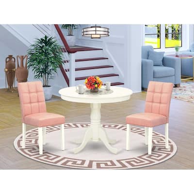 3-Piece Linen White Finish Solid Wood Top - Round Dining Room Set - Seats-4