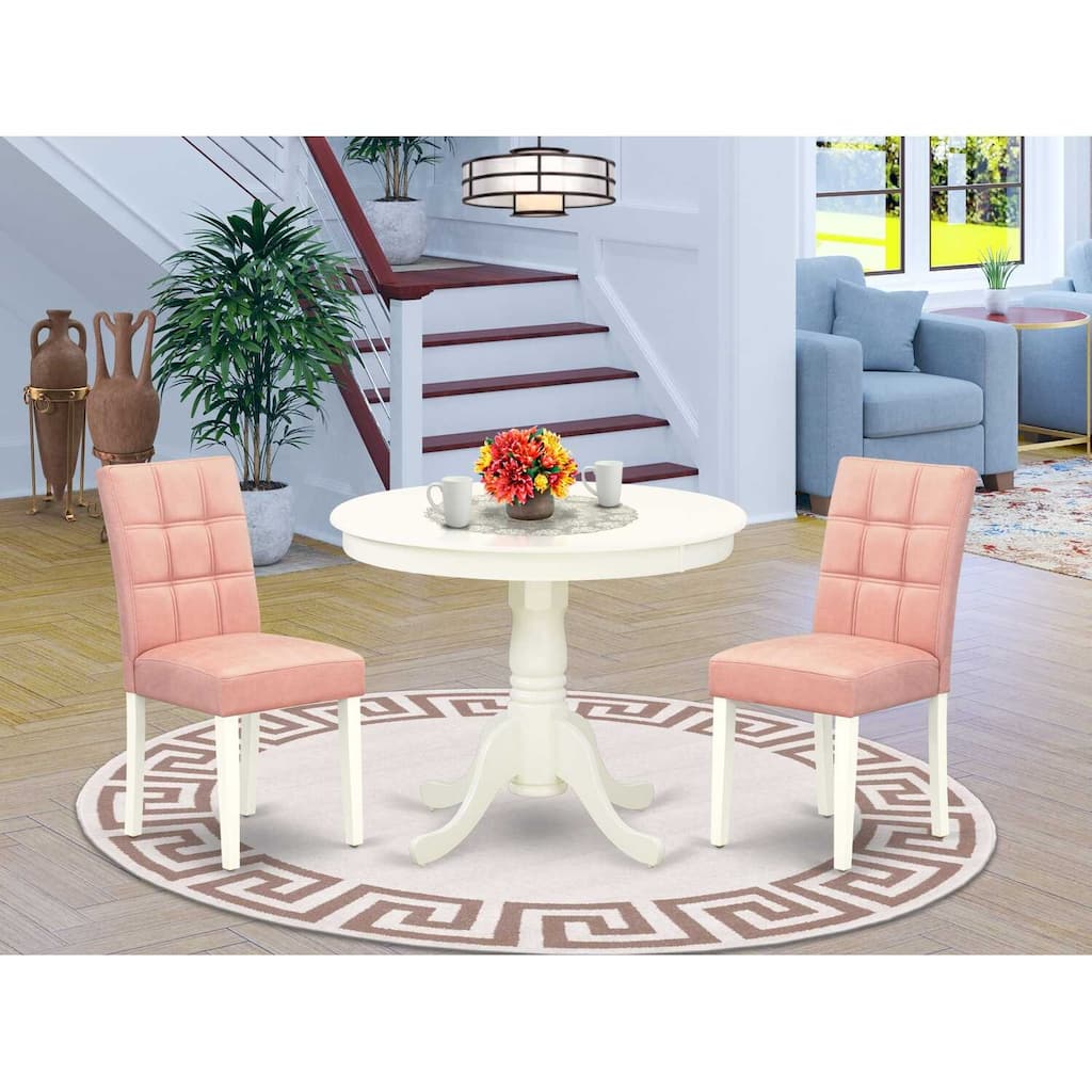 3-Piece Linen White Finish Solid Wood Top - Round Dining Room Set - Seats-4