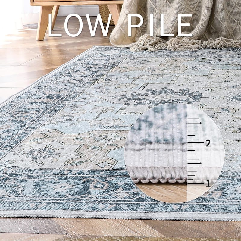 Mcow Neutral Floral Low Pile Machine Washable Non-Slip Area Rug