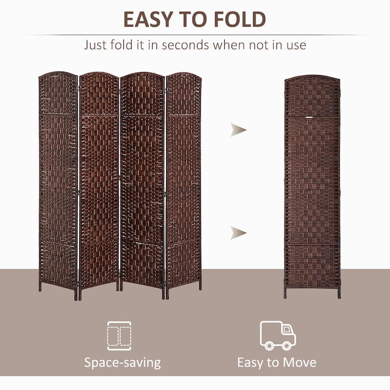 HomCom 6' Tall Wicker Weave Four Panel Room Divider Privacy Screen - Chestnut Brown