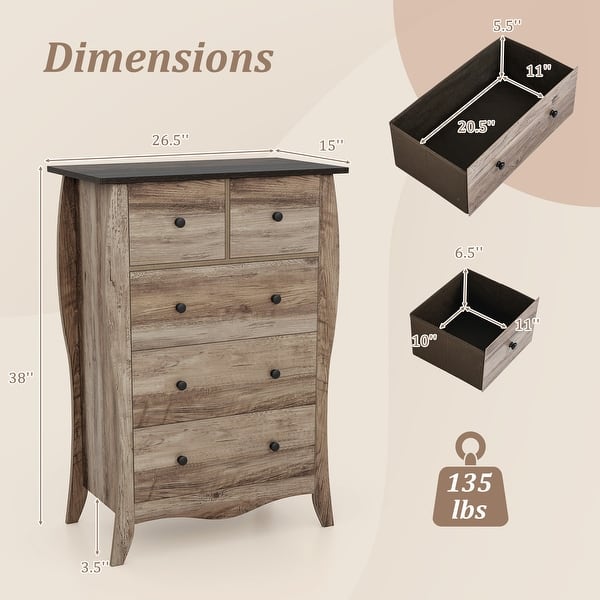 dimension image slide 1 of 2, Gymax 2PCS 38'' Farmhouse Chest of Drawers w/ 5 Folding Fabric Drawers