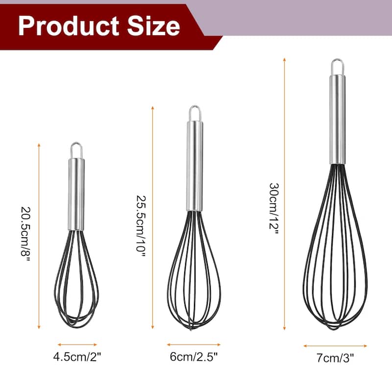 3Pcs Silicone Whisk 8" 10" 12" Kitchen Whisk Wire Whisks Beater - Black