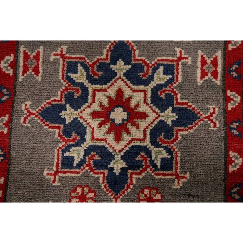 Geometric Kazak Runner Rug Hand-Knotted Oriental Grey Wool Carpet - 2'2" x 19'2"