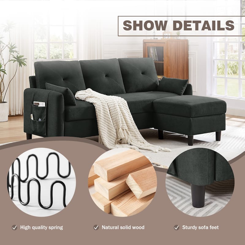 77.36 Inches Modern Sectional Sofa with Reversible Ottoman and Side Storage Pocket