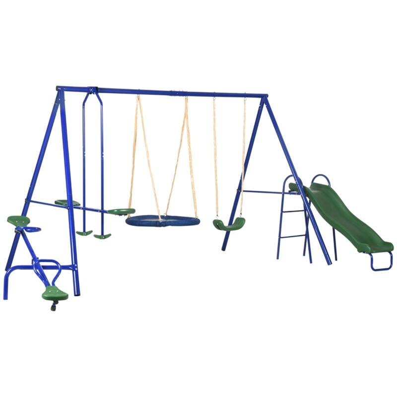 Steel Kids Swing Set with Slide, Glider and Teeter-Totter - 157.5" L x 113" W x 71.75" H - Ocean Blue-Forest Green
