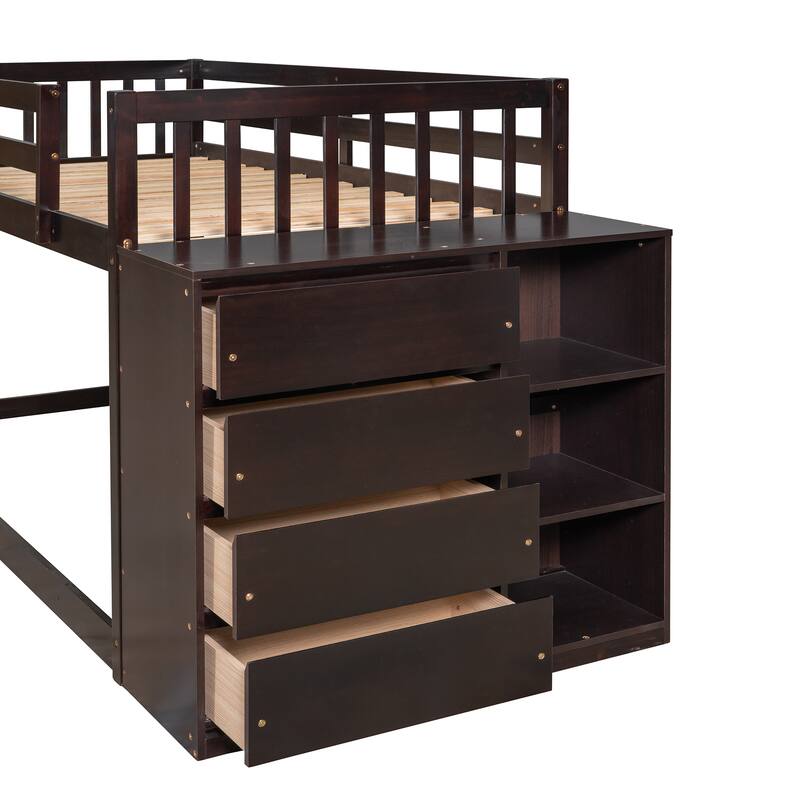 Floor Bunk Bed with Movable Storage Cabinet, Solid Wood Bunkbeds Frame