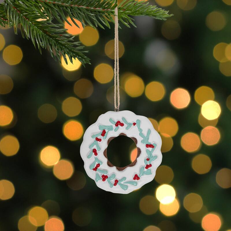 3" White Frosted Donut with Pine and Berry Christmas Ornament