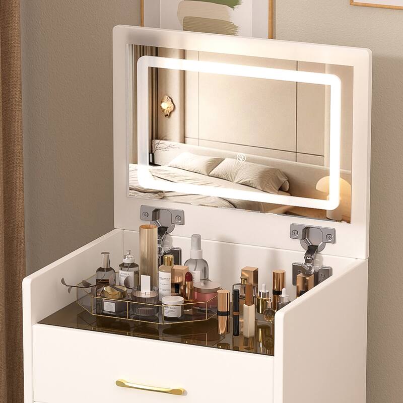 3 in 1 Makeup Vanity Convertible Desk or Nightstand, Compact Make-up Vanity Glass Desktop Dressing Table with Mirror & Stool
