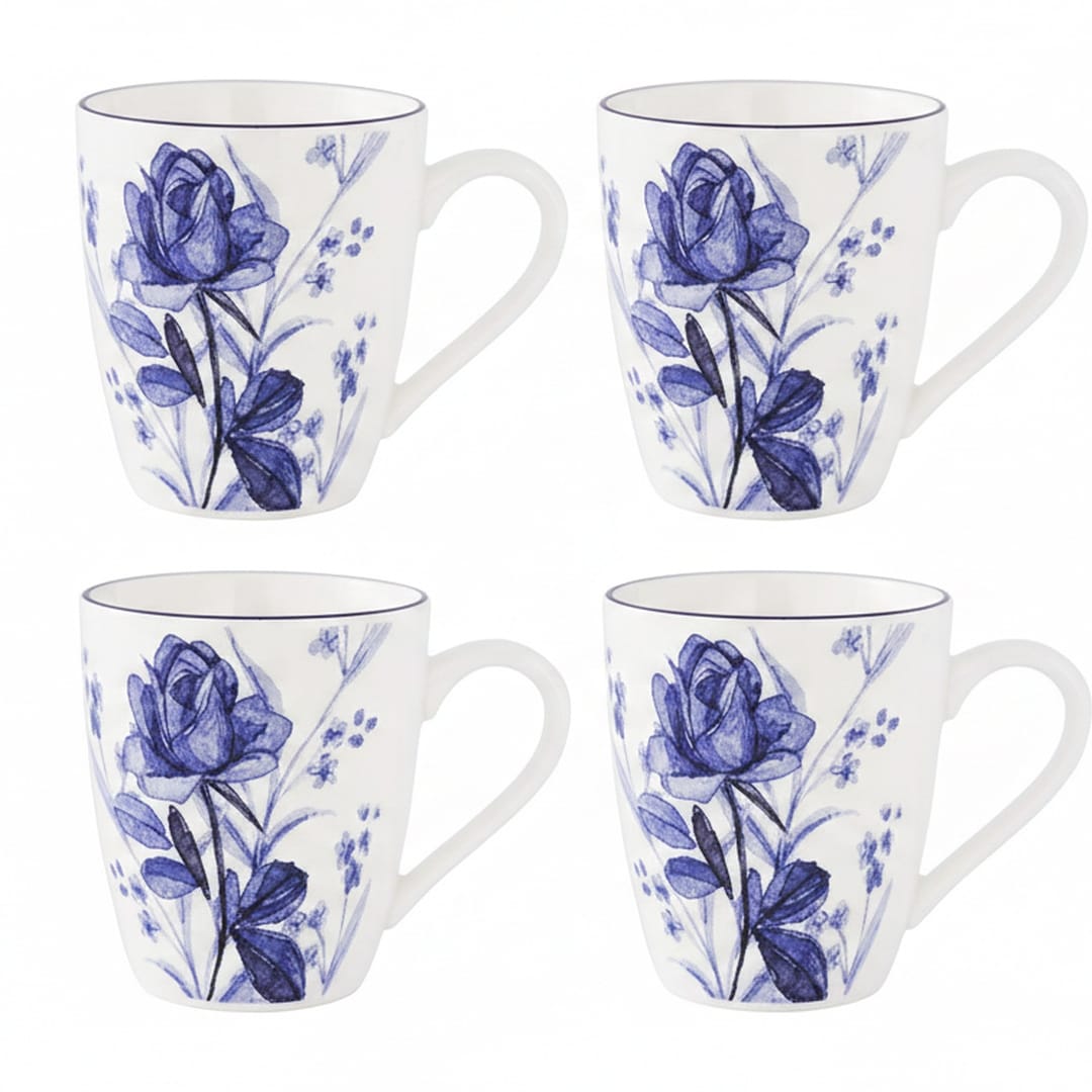 Lorren Home Trends Blue Floral Rose Coffee Mugs, 12 Oz, Microwave and Dishwasher Safe, Set of 4