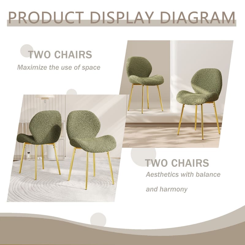 Modern minimalist teddy velvet Dining Chairs Set of 2 with sturdy gold metal legs and comfortable backrest design