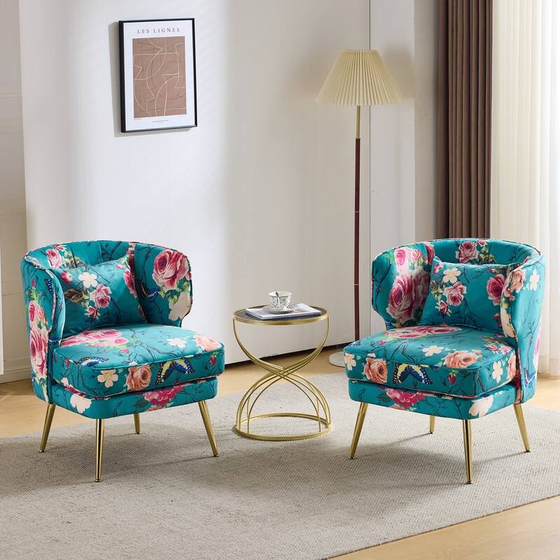 Mid Century Modern Upholstered Reading Chair with Lumbar Pillow, Gold Metal Legs, Small Space Friendly for Living Room Bedroom - Blue