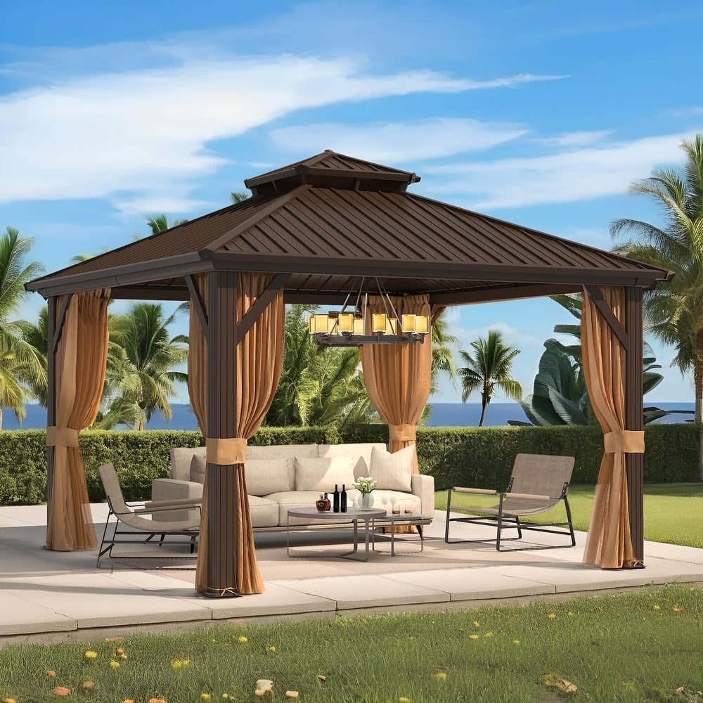 Hardtop Gazebo, Aluminum Frame Permanent Pavilion with Curtains and Netting, Outdoor Double Roof for Patios