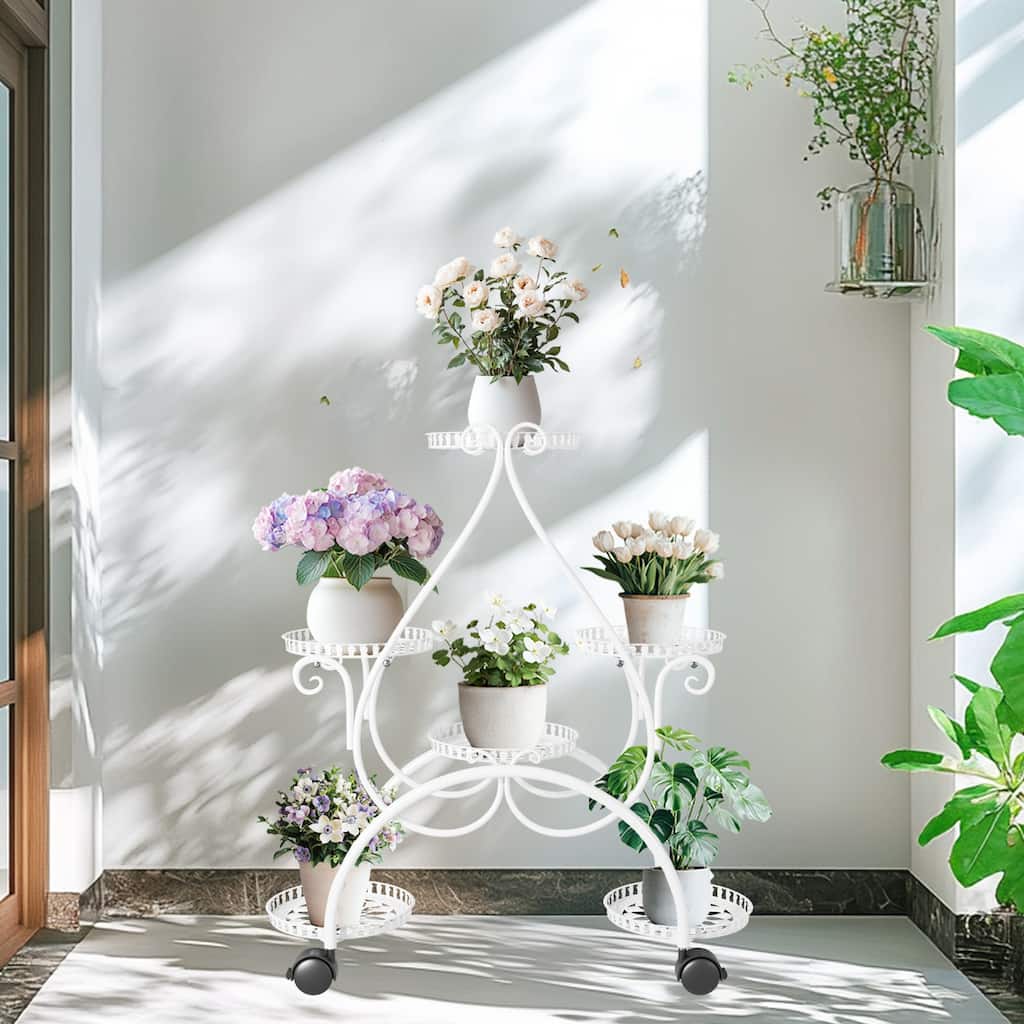 White Metal Cute Plant Stand Wheeled