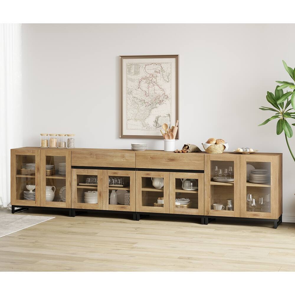 4 in 1 Sideboard with 2 Glass Doors & Drawers, Adjustable Shelf, Metal Base for Living Room, Kitchen