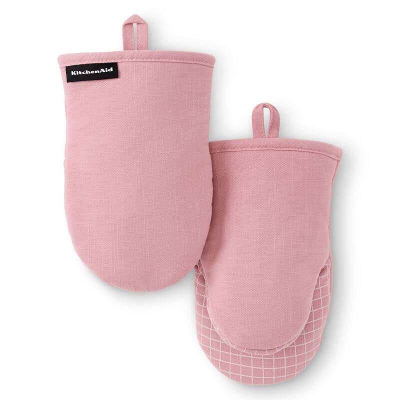 KITCHENAID Gourmet Series Gridlines Mini Oven Mitts 2-Pack Set, Heat Resistant up to 600°F, Soft Silicone Grip, Magnetic Cuff - Dried Rose