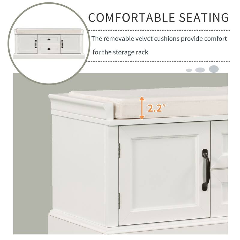 Solid Wood Entryway Storage Bench w/ 2 Drawers, 2 Cabinets, Velvet Cushion