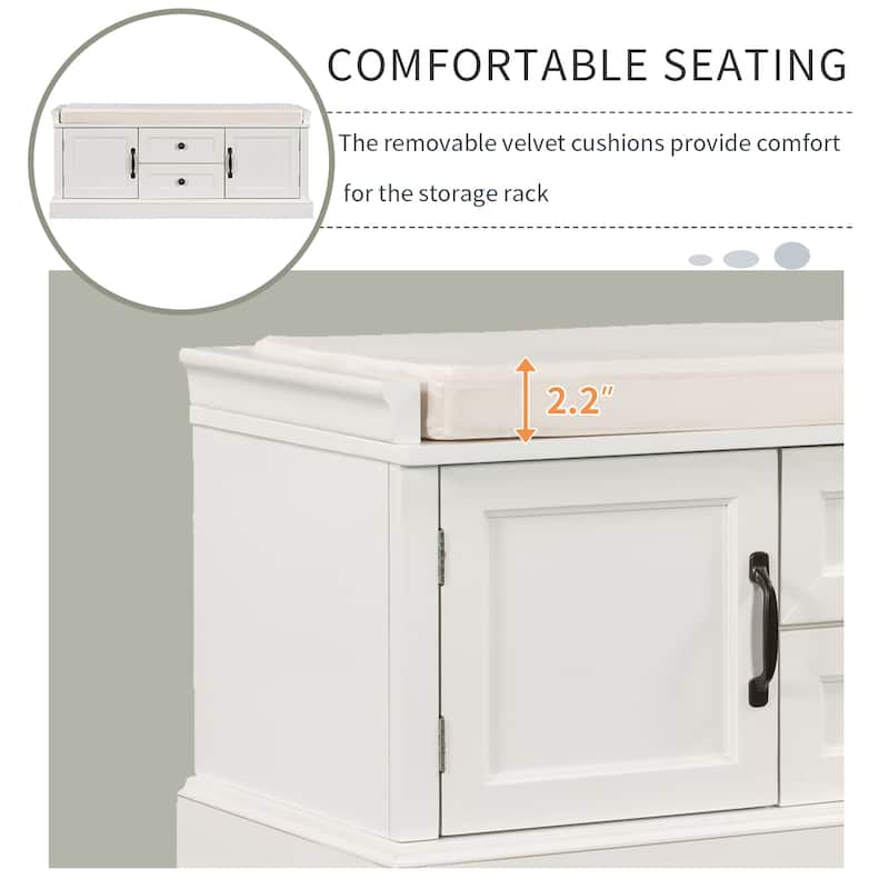 Storage Bench with 2 Drawers and 2 Cabinets, Shoe Bench Entryway Bench with Removable Cushion for Living Room, Entryway