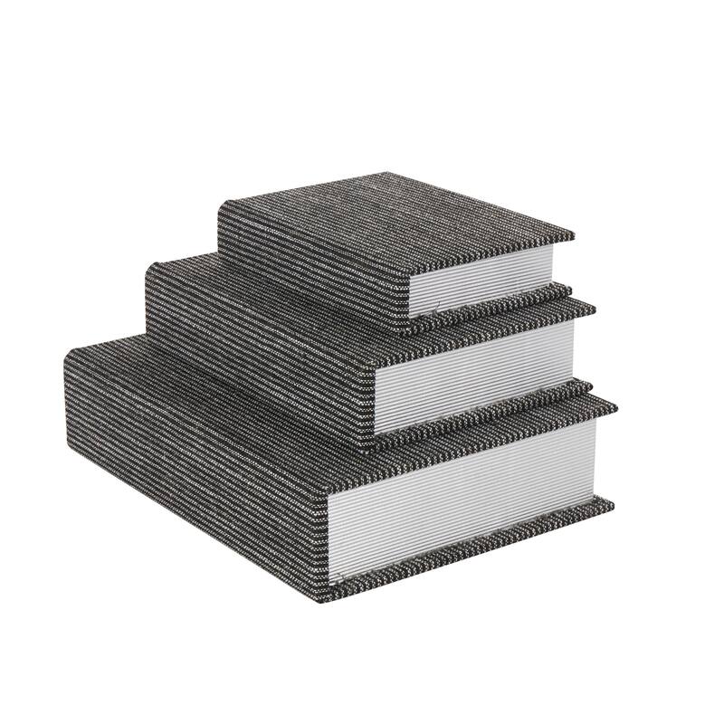 Linen Fabric Striped Faux Book Storage Box with White Accents - Set of 3 - Roche River Decor
