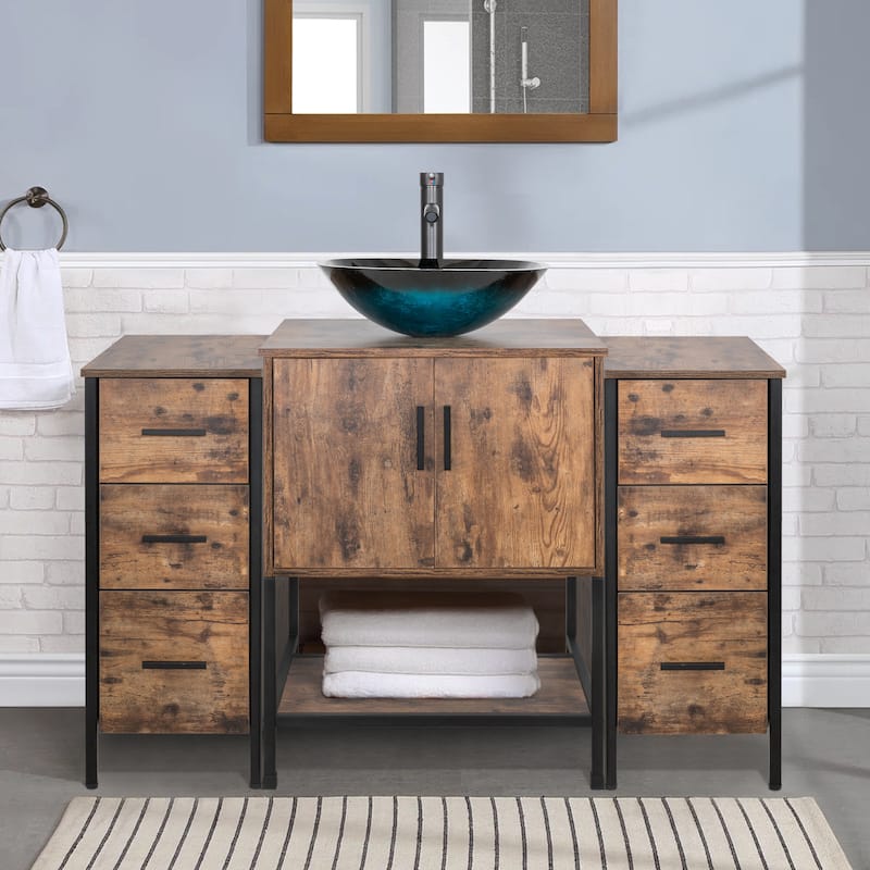 48" Bathroom Vanity Set Organizer Top Vessel Sink W/ Faucet Drain Cabinet Combo - ocean blue square sink