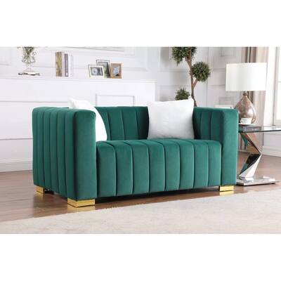 Dark Green Velvet Loveseat Sofa w/ 2 White Pillows & Square Arms - 2 Seater