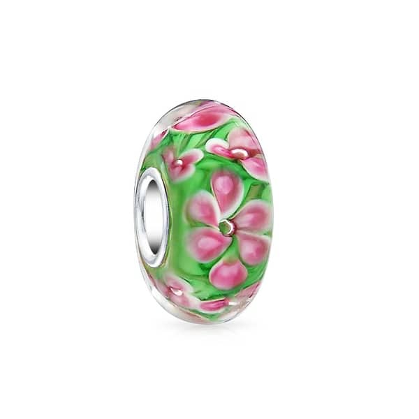 Pink Flower ON Clear Murano Glass .925 European Bead Charm Pink Flower ON Clear Murano Glass .925 European Bead Charm