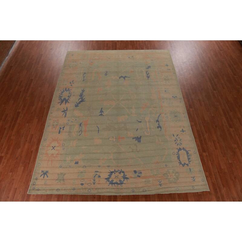 Hand Knotted Oriental 100% Wool Carpet Transitional All-Over Green Oushak Area Rug - 12' 4'' X 9' 3''
