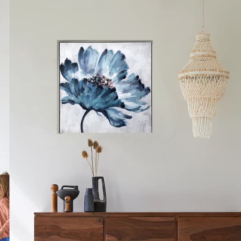 30 x 30 Embellished Handpainted Floral Canvas Wall Art, Blue and White