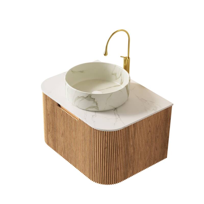 24" Bathroom Vanity&Sink, Floating Curved Edges Striped Storage Cabinet with Drawer, Matte Stone White Round Ceramic Basin