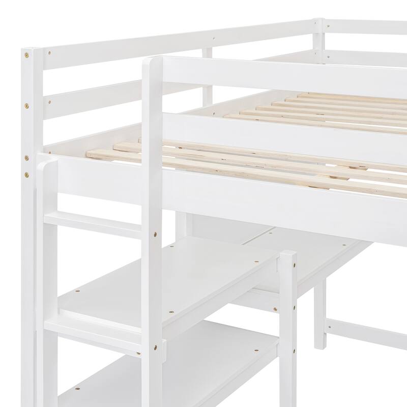 Full Size Wooden Loft Bed with Desk, Shelves, and Writing Board
