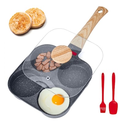 Black Aluminum Egg Pan 4-Hole with Maifan Stone Coating and Lid - 14.69 x 7.48 x 2.09 in