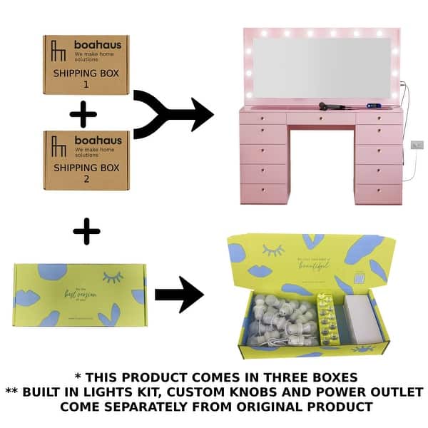 Boahaus Makeup Vanity Table, 11 Drawers, Large Mirror, Lights, Pink - Bed Bath & Beyond - 39971366 Boahaus Makeup Vanity Table, 11 Drawers, Large Mirror, Lights, Pink - Bed Bath & Beyond - 39971366