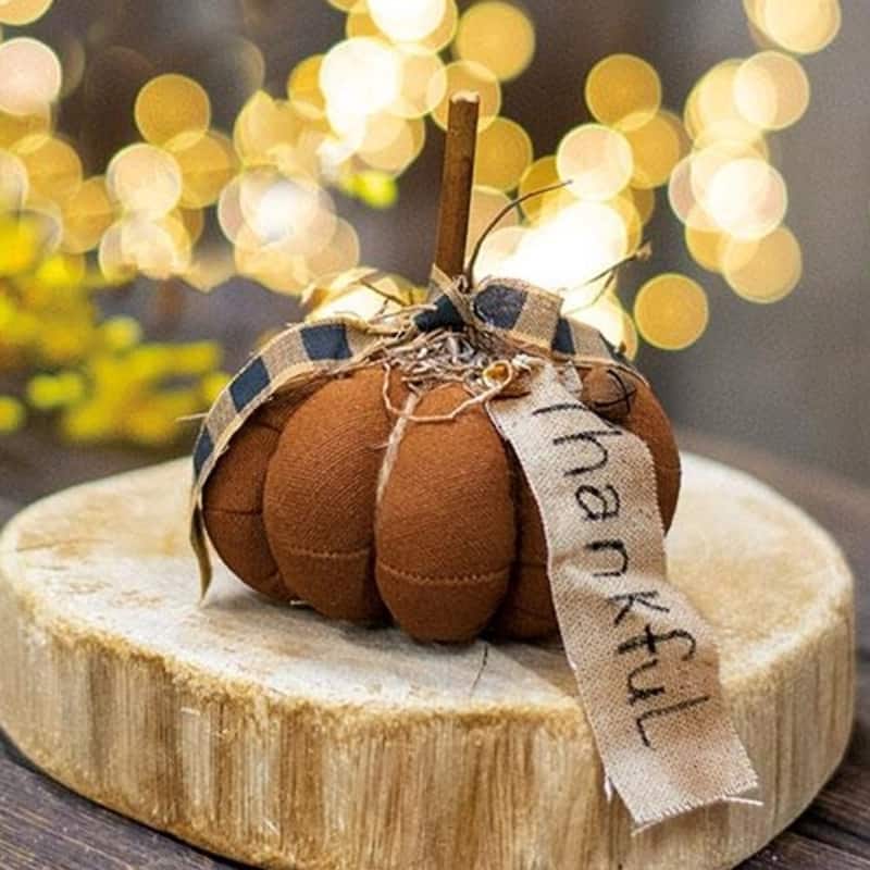 Brown Plush Plaid Bow Fabric Pumpkin Decoration with Stick Stem and "Thankful" Banner - 4" wide by 5" high