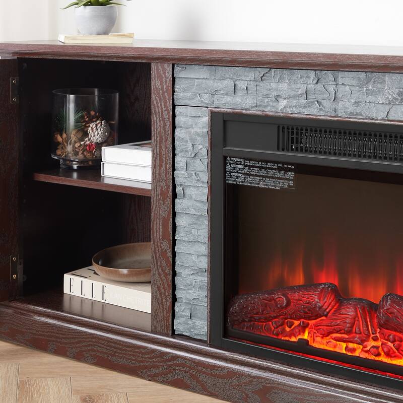 Fireplace TV Stand with 23" Electric Fireplace, Faux Stacked Stone Surround Media Cabinet TV Console for TVs up to 75"